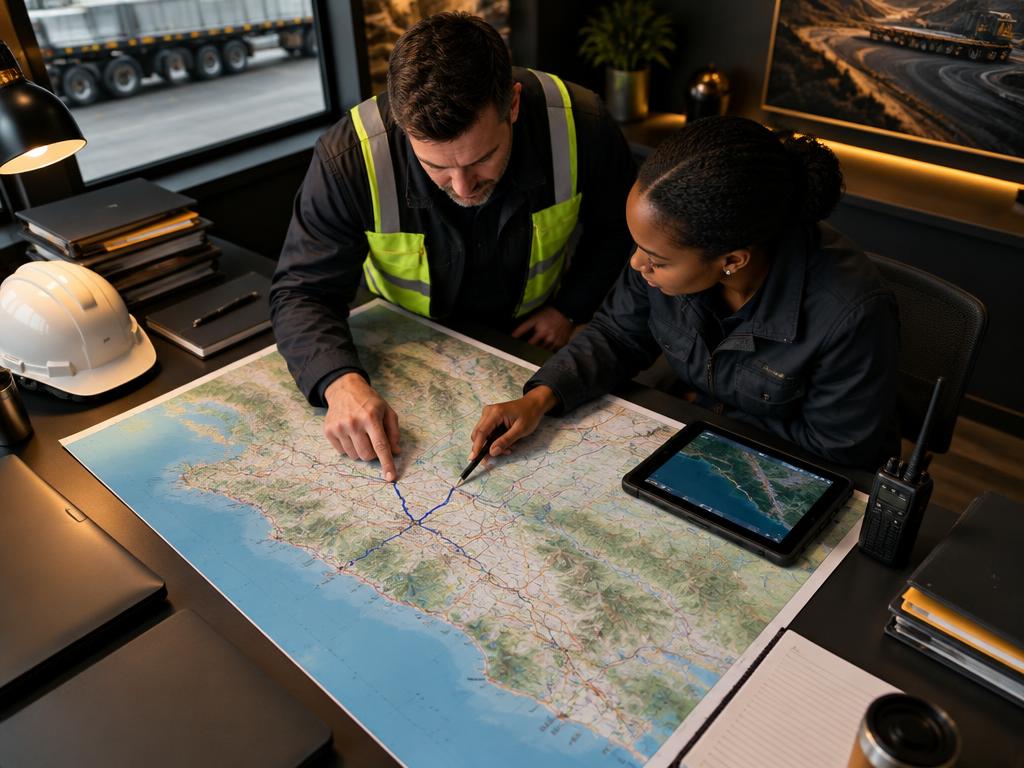 Logistics specialists planning a heavy-haul route in the Western Cape