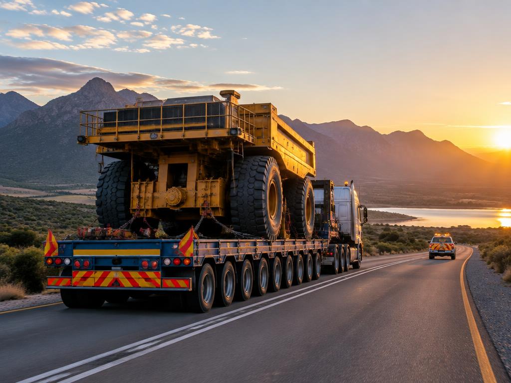 Multi-axle heavy haul truck carrying oversized mining equipment